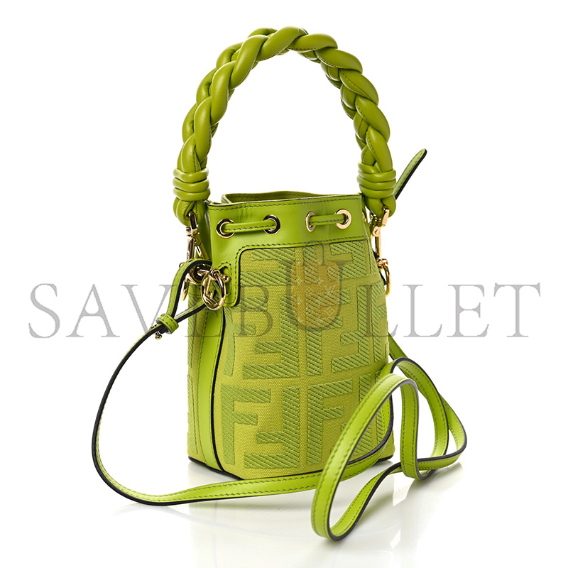 FENDI CANVAS NAPPA F IS FENDI FF EMBROIDERED MINI MON TRESOR BUCKET BAG WASABI 8BS010AKKWF1JCP (18*12*10cm)